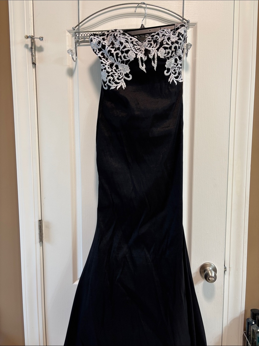 Black Strapless Mermaid Gown with Silver Lace Appliqué